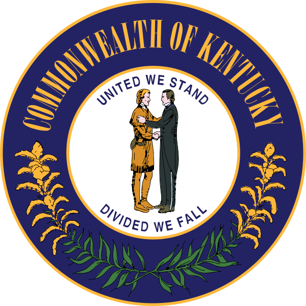 The official seal of the Commonwealth of Kentucky.  It reads "United We Stand, Divided We Fall" with two people shaking hands in the center.