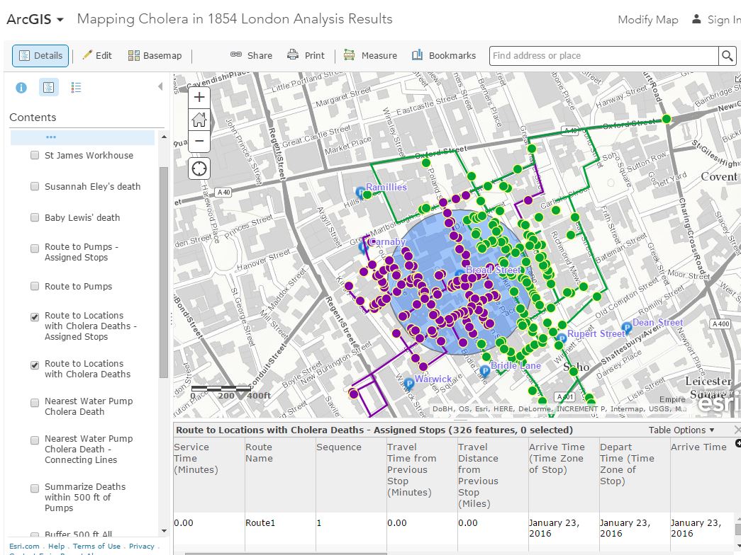 Map with bullets indicating instances of cholera cases.