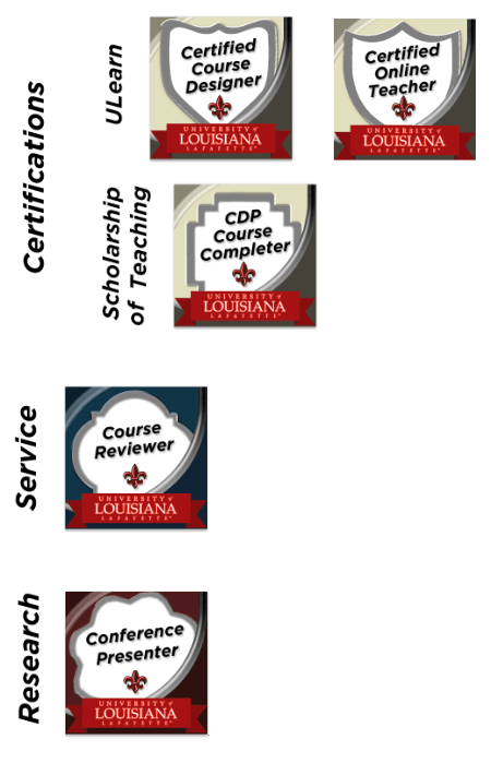 Examples of certifications within three categories: 1. Certifications: Certified Course Designer, Certified online teacher, 2. Service: Course Reviewer, and 3. Research: Conference Presenter,