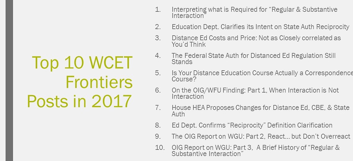 In orer: Interaction” Education Dept. Clarifies its Intent on State Auth Reciprocity Distance Ed Costs and Price: Not as Closely correlated as You’d Think The Federal State Auth for Distanced Ed Regulation Still Stands Is Your Distance Education Course Actually a Correspondence Course? On the OIG/WFU Finding: Part 1, When Interaction is Not Interaction House HEA Proposes Changes for Distance Ed, CBE, & State Auth Ed Dept. Confirms “Reciprocity” Definition Clarification The OIG Report on WGU: Part 2, React… but Don’t Overreact OIG Report on WGU: Part 3, A Brief History of “Regular & Substantive Interaction”