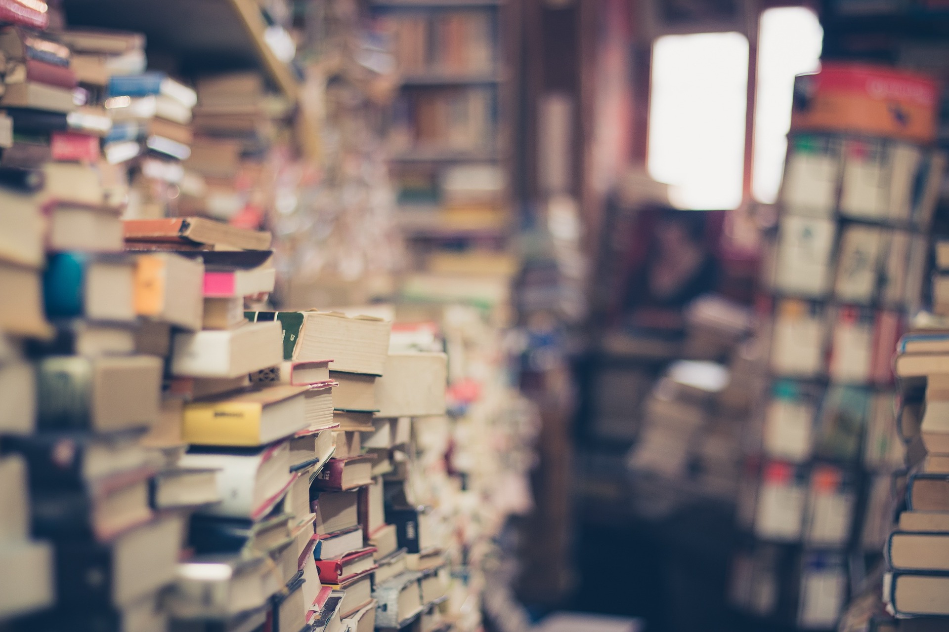 Large piles of books.