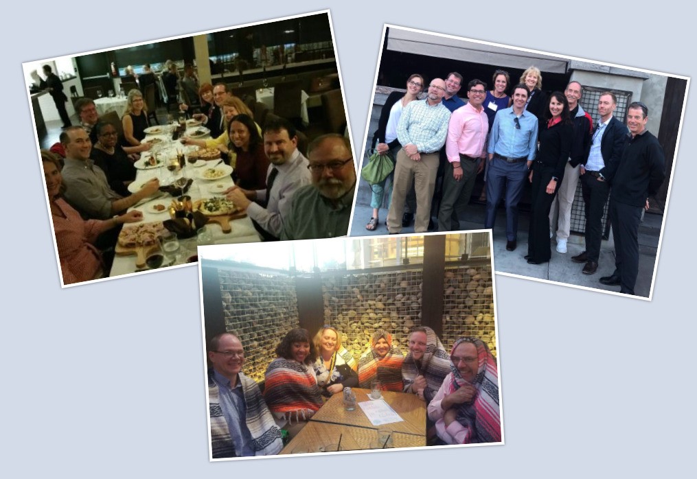 collage of the summit dinner groups. several people standing in front of restaurants or sitting at tables eating.