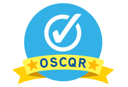 the OSCQR logo: A large blue cirlce holds a white checkmark. A ribbon near the bottom of the logo has a star, the letters OSCQR, followed by another star.