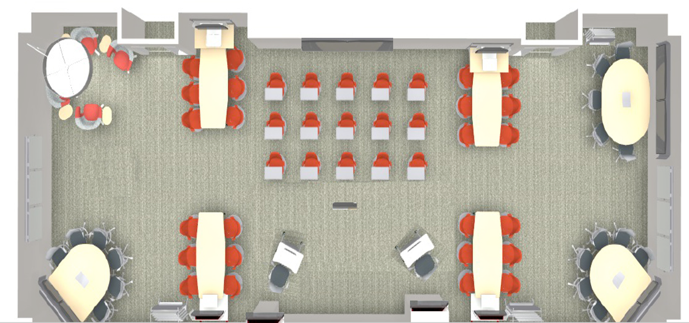 an overhead view of the Collaboratory space with 8 group tables and several chairs lined up in the middle of the room.