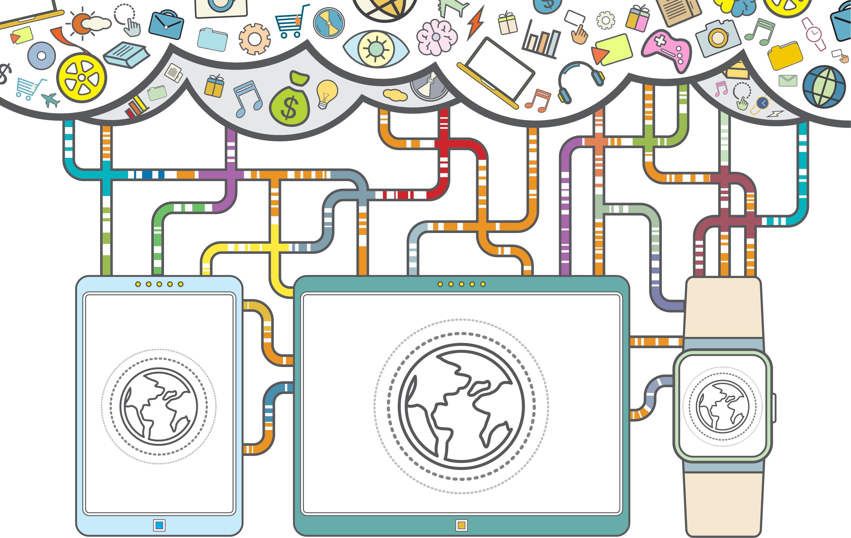 A drawing of a device, laptop, and smartwatch conecfted by networked lines. Sevreal lines lead pu to clouds showing various icons like gears, music notes, headphones, graphs, money bags, shopping carts, planes.