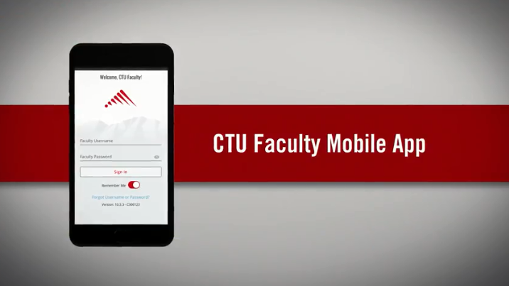 Screen shot showing the login page for the CTU Facutly app on a smartphone screen. It says "Welcome CTU FAcutly" and has a field of Username and password, with a sign in button below.