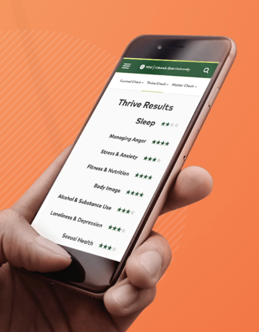 A cell phone showing the YOU tool. It reads "thrive results" and shows various health ratings (sleep, managing anger, stress, fitness, body image, etc).