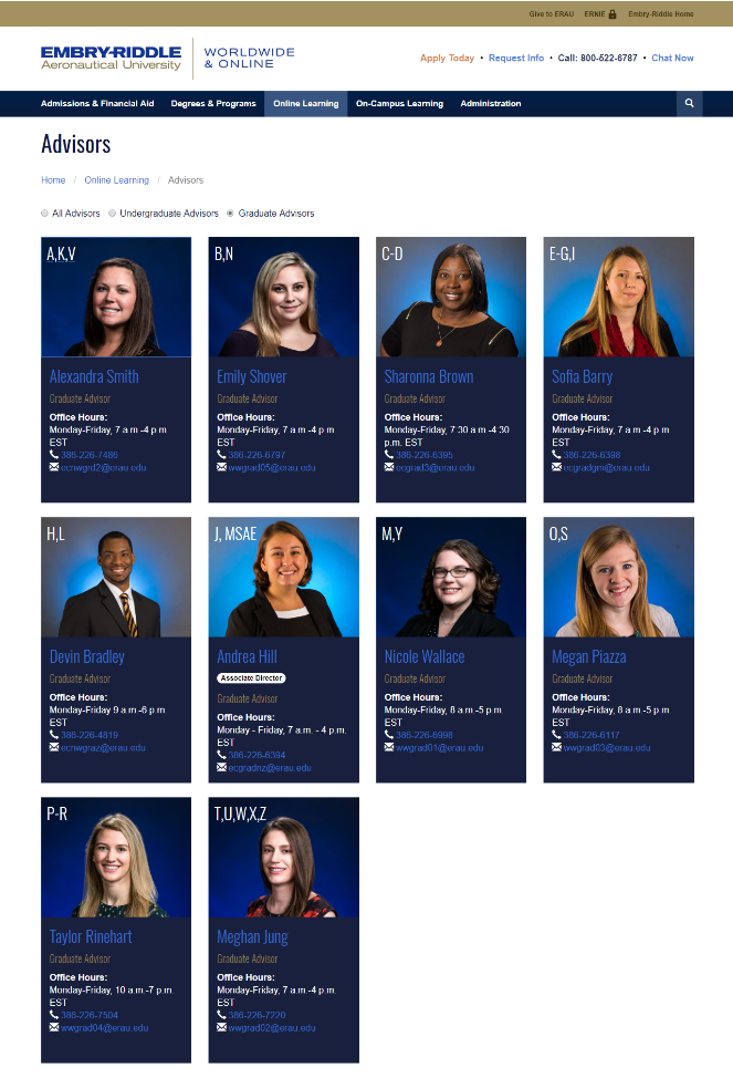 Screen shot of advsior page. Shows photos of and information on student advisors.