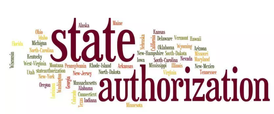 Graphic that reads "State Authorization" in red. The names of each state are written around the phrase "State Authorization."