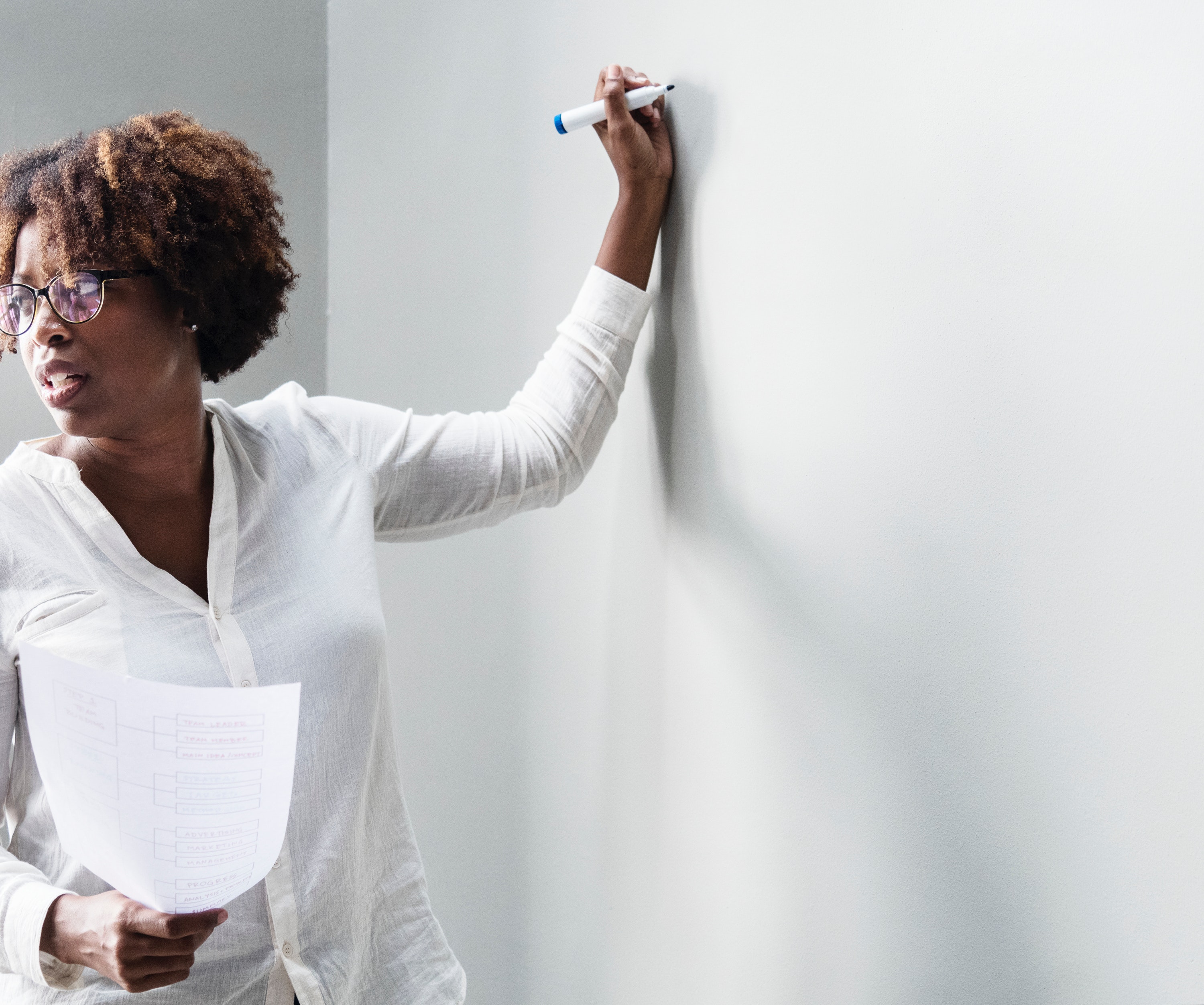 A female professor writing on a white board