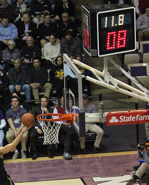Shot clock (red LED) and game clock (white LED; note the decimal point) in a basketball game