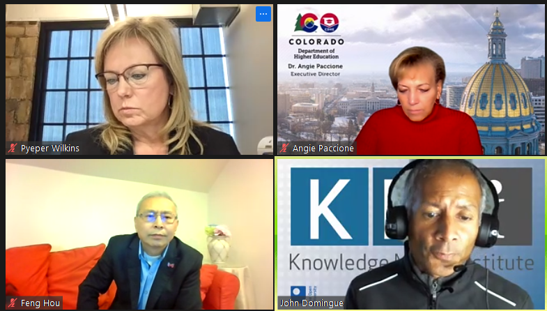 Screen shot of panelists: Pyeper Wilkins, Angie Paccione, Feng Hou, and John Dominque.