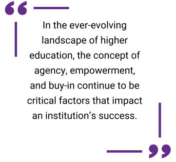 quote box: In the ever-evolving landscape of higher education, the concept of agency, empowerment, and buy-in continue to be critical factors that impact an institution’s success.