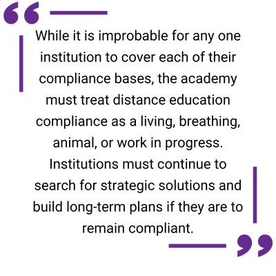 While it is improbable for any one institution to cover each of their compliance bases, the academy must treat distance education compliance as a living, breathing, animal, or work in progress. Institutions must continue to search for strategic solutions and build long-term plans if they are to remain compliant.