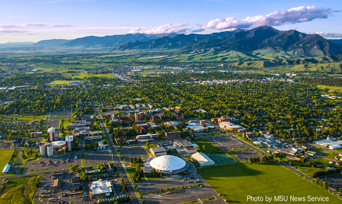 an aerial photo of the Montana State University campus in Bozeman, MT